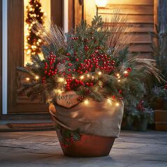 A beautifully decorated planter at dusk, showcasing lush green foliage, vibrant red berries, and gentle twinkling lights. This cheerful display enhances a cozy holiday ambiance.