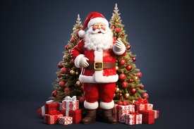 festive santa claus with a red gift box beside a richly decorated christmas tree
