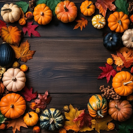 festive top view of assorted pumpkins on a rustic wooden surface