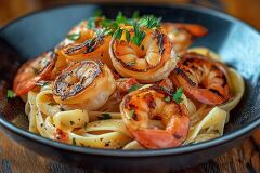 Creamy fettuccine pasta topped with perfectly grilled shrimp offers a tempting meal. Fresh parsley adds color to this vibrant dish, beautifully presented on a wooden table.