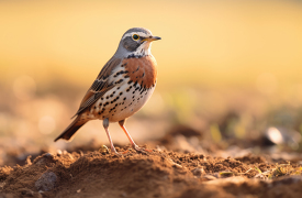Fieldfare bird perched standing on some dirt