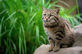 Fishing Cat sitting on a rock surrounded by green plants