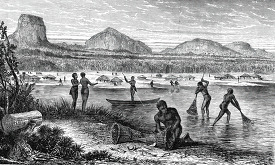 fishing village in an african lake historical illustration afric