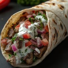 A delicious donair wrap features tender meat, vibrant vegetables, and a creamy sauce. This dish is a popular street food enjoyed in many cultures.