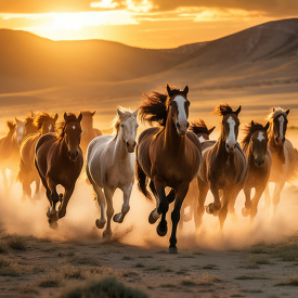 flock of horses galloping in the open field