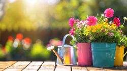 flower pots with watering cans and gardening glove