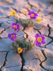 Flowers Bloom Vibrantly in Cracked Earth at Golden Hour