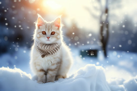 fluffy cat with cute eyes sitting in the snow