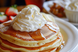 fluffy pancakes topped with a generous swirl of whipped cream