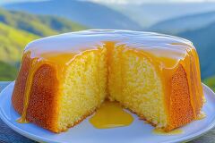 A moist, fluffy yellow cake with a glossy glaze drips from the top, revealing its soft interior. Placed on a white plate, it sits against a stunning backdrop of rolling hills and blue skies.