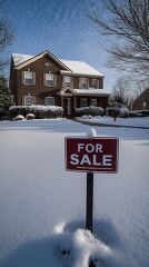 For Sale Sign in Front of Snow Covered Suburban Home