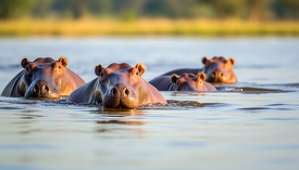 four hippopotamus swimming in an african lake
