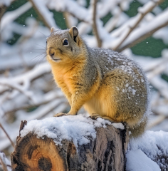 Fox Squirrel sitting on snow covered log