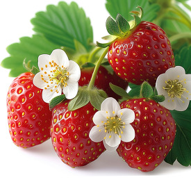 Fresh red strawberries with their blossoms and leaves on a white