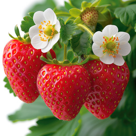 fresh strawberries with white flowers and green leaves