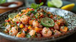 freshly cooked shrimp in a bowl of Belizean ceviche