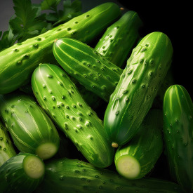 freshly picked Dew covered cucumbers arranged with green leaves