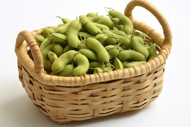 freshly picked whole soybeans in a basket