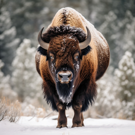 front view of bison standing in the snow