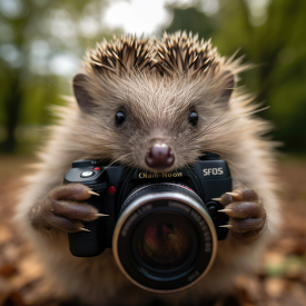funny hedgehog holding a camera