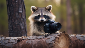 funny raccoon holding a camera