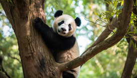 giant panda bear baby cub sitting in tree in china