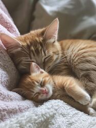 ginger cats curl up together sleeping