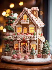 Gingerbread house decorated with white icing and candy under a s