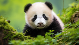 girant panda bear hididng in forest plants
