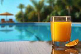 glass of orange juice on a table by a pool