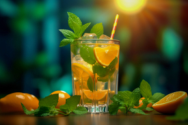 glass of water with lemons and mint leaves