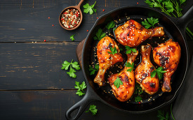 Glazed baked chicken legs with sesame seeds and mixed spices in 