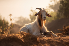 goat is laying in a pile of dirt on a road in india
