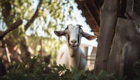 goat on a farm standing near plants
