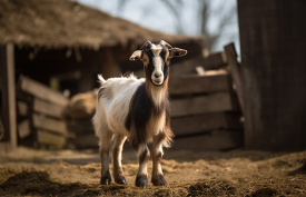 goat on a farm with wooden fence in the background