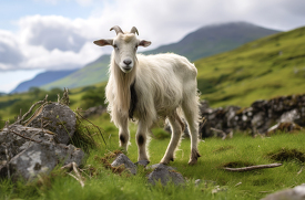 goat standing in the middle of a rocky green field in ireland