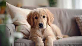 Golden Retriever Dog breed puppy sits on couch