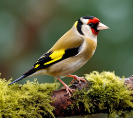 goldfinch perching on a branch with moss 2