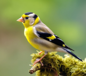 goldfinch perching on a branch with moss