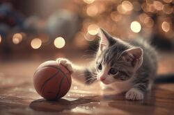 gray and white kitten plays with basketball