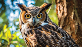 great horned owl in a tree shows its piercing yellow eyes