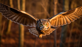 great horned owl in flight on a fall day