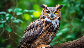 great horned owl sitting on tree branch