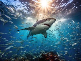 great white shark swimming amoung a school of fish