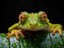 green frog clinging a leaf