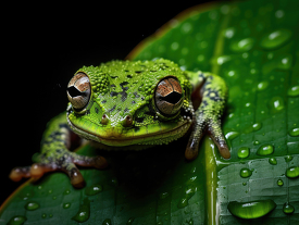 green frog closeup on a leaf after rain