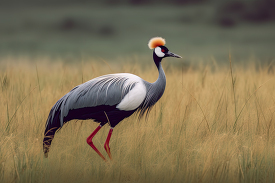 grey crowned crane walks on a grassy plain