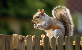 grey squirrel eating peanuts on a fence 2