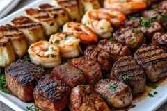 Grilled Meat Platter Featuring Steak and Shrimp With Herbs