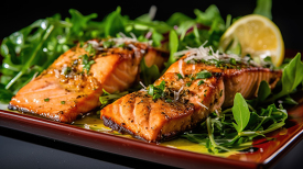Grilled salmon fillets seasoned with lemon surrounded by herbs